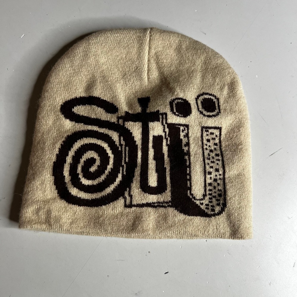 Stussy Knit Beanie Cream Black Oversized Graphic Logo Skull Cap Streetwear